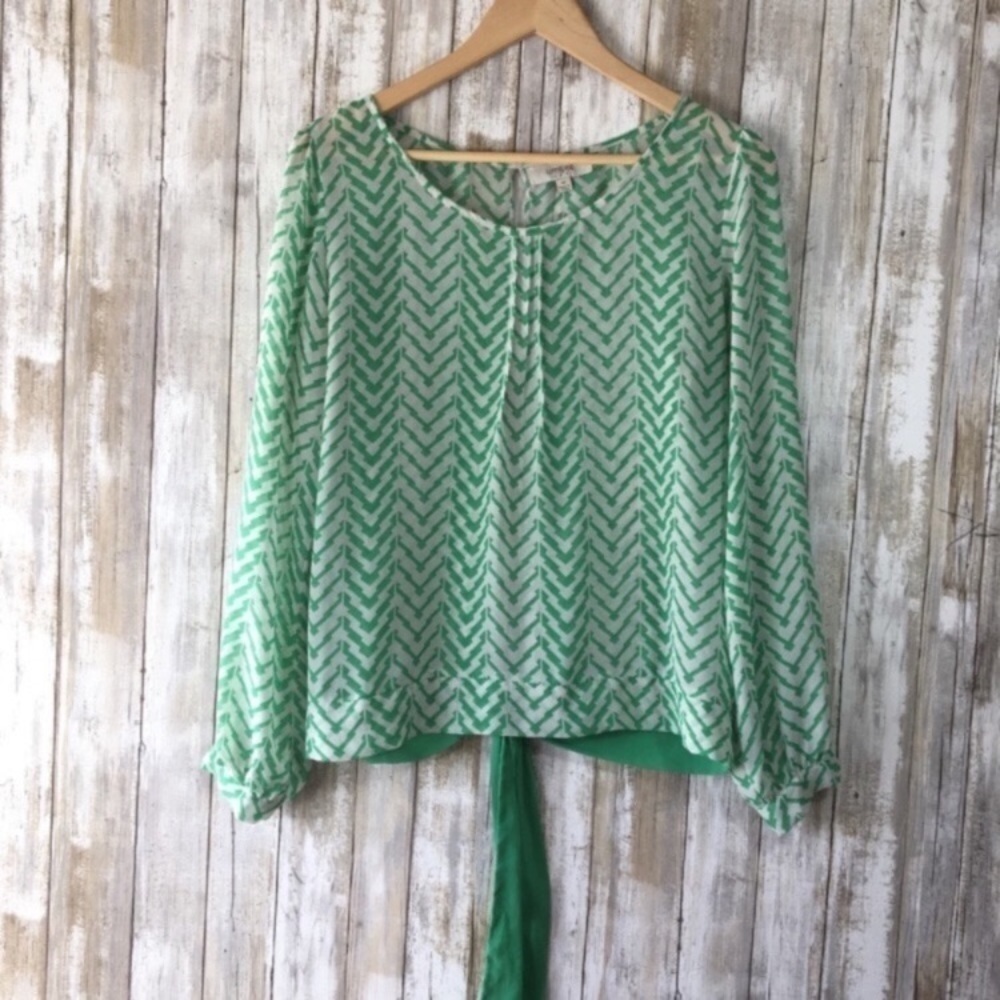 Umgee Green Sheer Chevron Tie Blouse